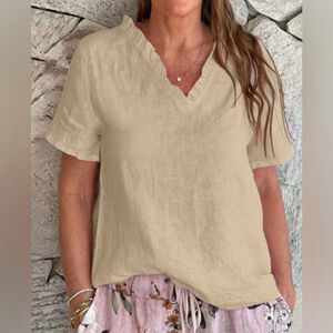 pure linen V-neck top with collar detail Beige Ruffle shirt
